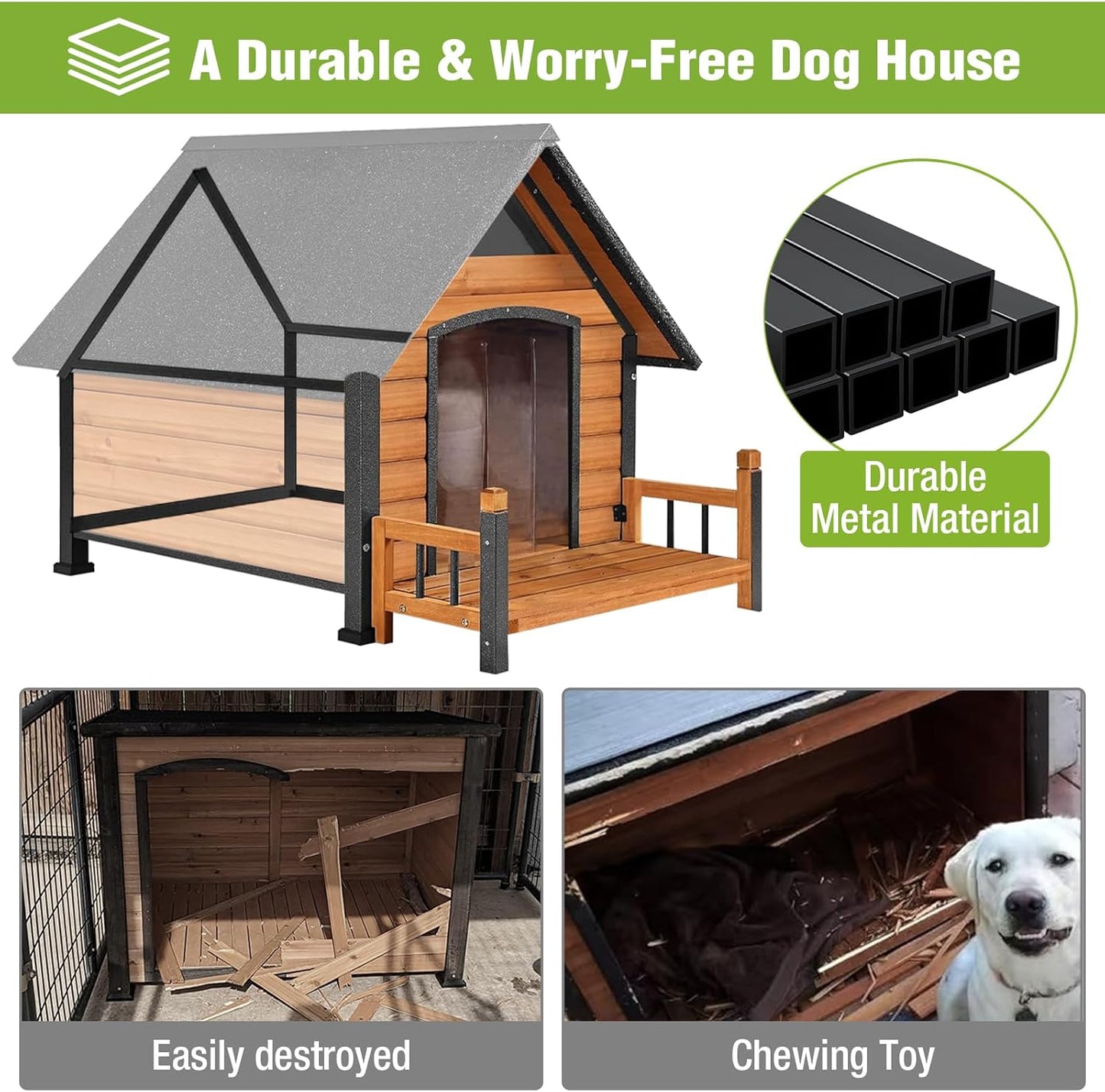 Dog House Outdoor Insulated, Sturdy & Warm Winter Puppy Shelter, 45" L Large Dog Kennel with Chew-Proof Iron Frame, Suitable for Small to Large Dogs(Brown)