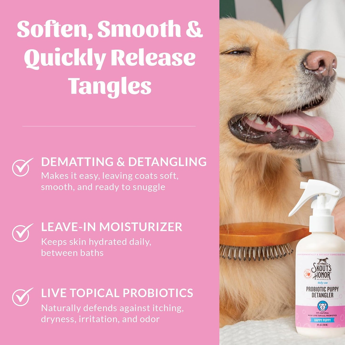 Skout's Honor Probiotic Pet Detangler Spray - Hydrating & Conditioning with Avocado Oil, 97% Natural, Paraben & Sulfate-Free, softens for a More brushable Coat, Daily Use, 8oz, Happy Puppy
