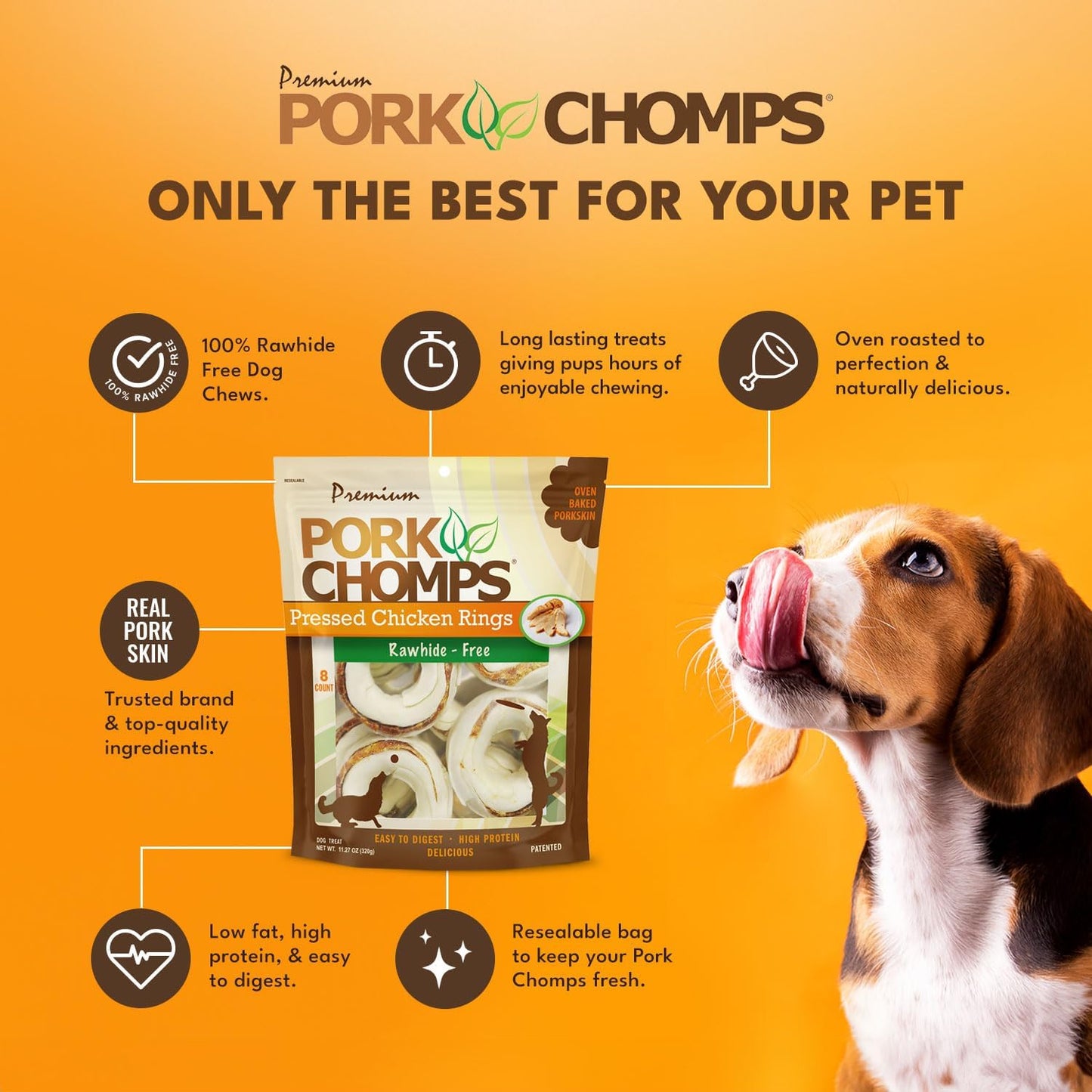 Pork Chomps Pressed Pork Skin Dog Chews, 2.5-inch Rings, Real Chicken, 8 Count