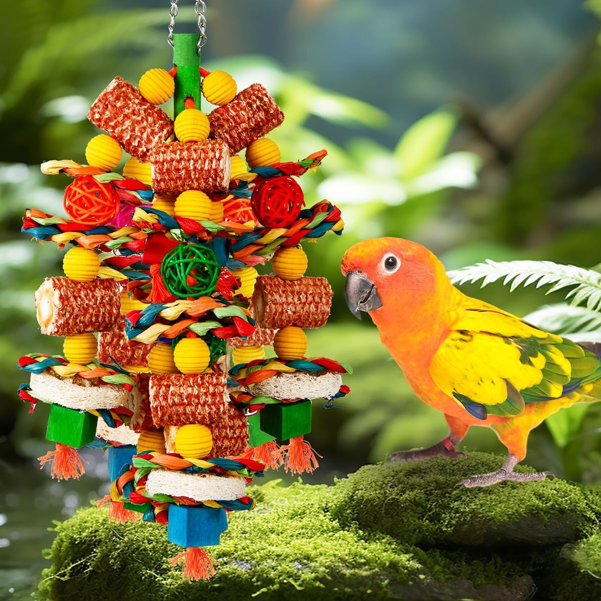 Bird Toys, Parrot Toys for Large Birds,Natural Corn cob and Loofah Slices Bird chew Toys for African Grey Parrots, Macaws, Cockatoos, Amazon Parrot and other Small and Medium-Sized Parrot (Colorful)