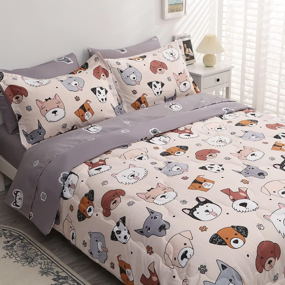 Kids Comforter Set 7 Piece Bedding Cute Dog Cartoon Animal Bed Microfiber Comforter Full Size All Season (1 Comforter, 1 Flat Sheet, 1 Fitted Sheet, 4 Pillowcase)