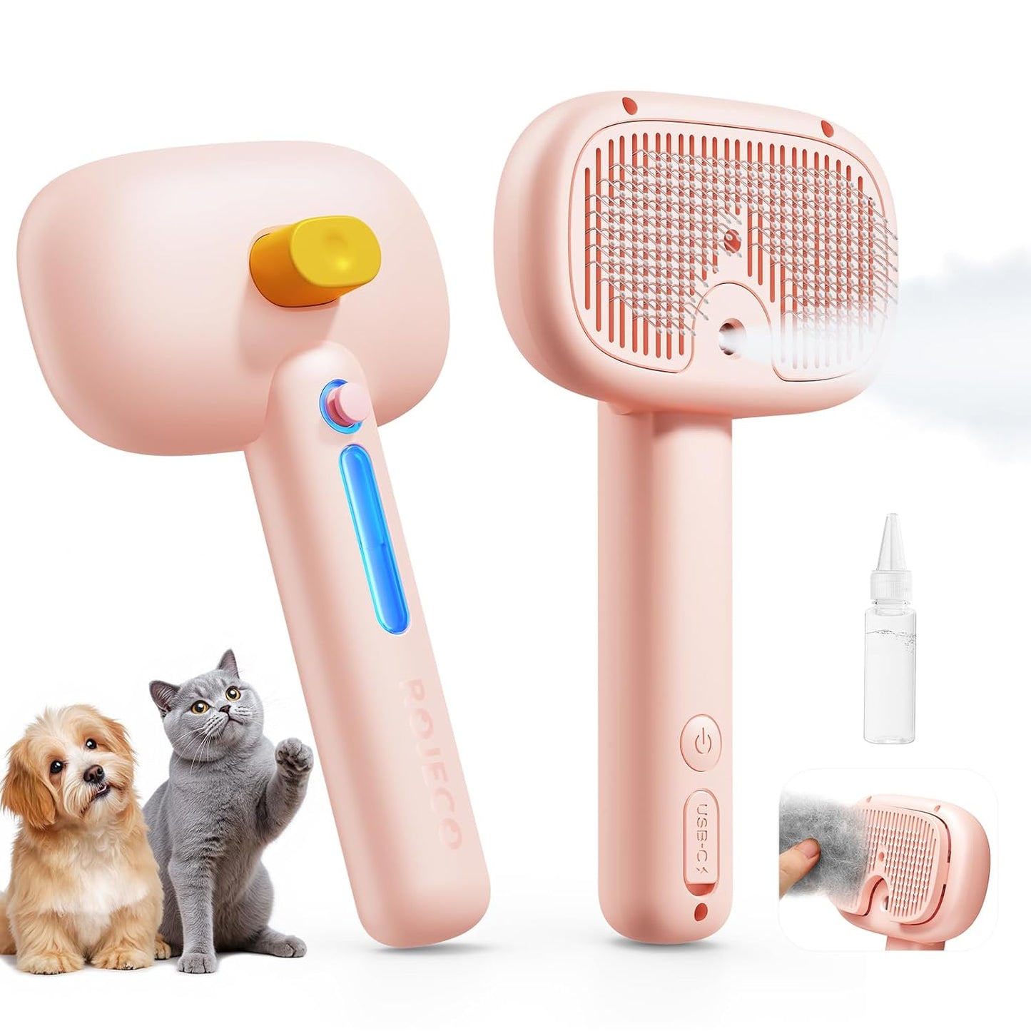 ROJECO 3-in-1 Pet Steam Brush for Cats&Dogs - Detangling Comb with Adjustable Mist, Handheld Deshedding Grooming Tool for Long/Short Hair, Massage Brush & Shedding Control Gift,Cordless,Pink