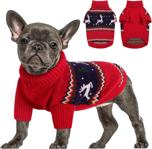 Queenmore Christmas Dog Sweater,Knitted Pullover Christmas Clothes for Dogs,Turtleneck Doggy Christmas Outfit, Warm Dog Sweaters for Small Dogs Boys or Girls L