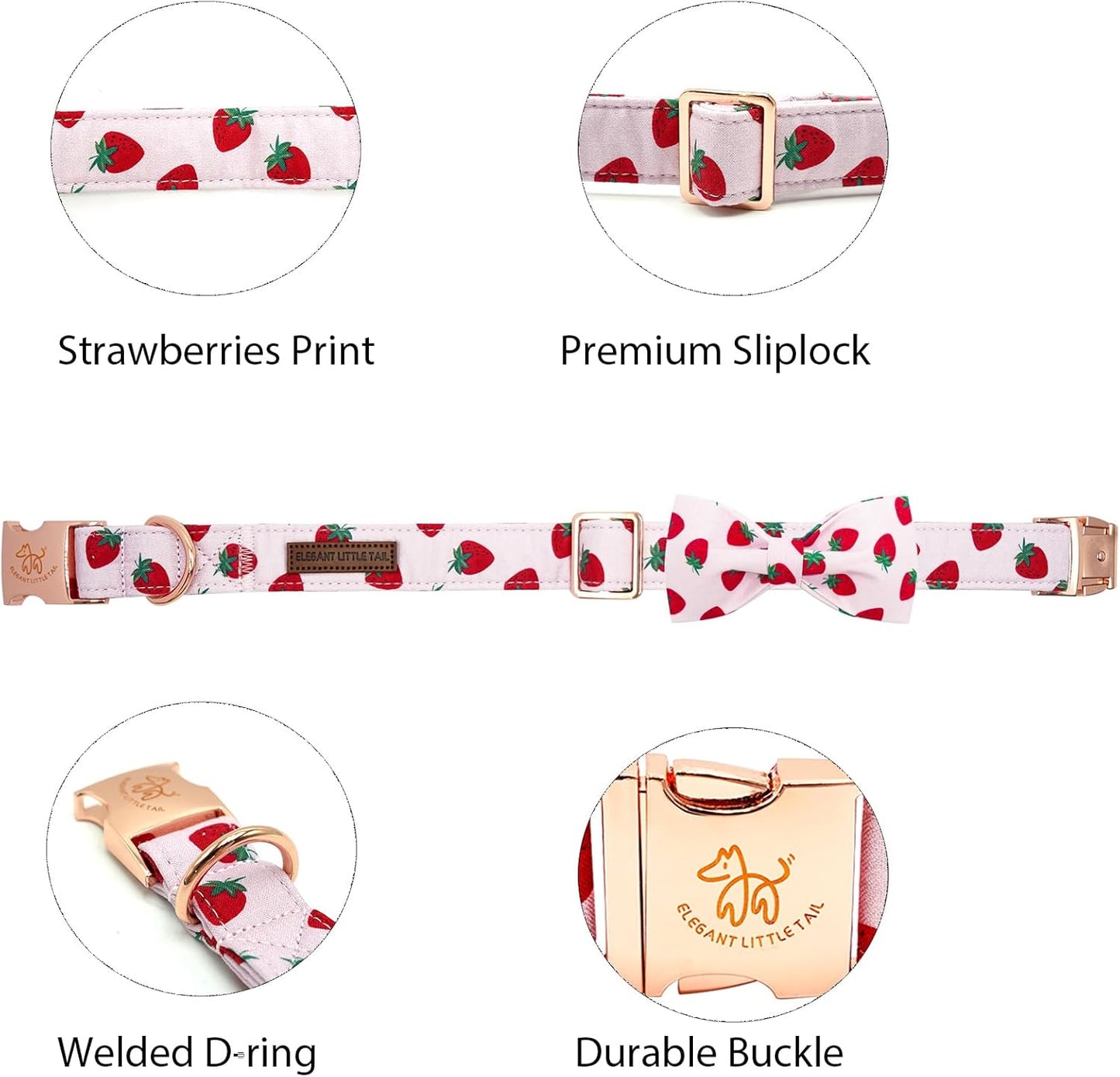 Elegant little tail Dog Collar, Strawberries Print Pet Collar Summer Dog Collar Durable Metal Buckle Dog Collars Cotton Pet Adjustable Dog Collars for Small Dogs