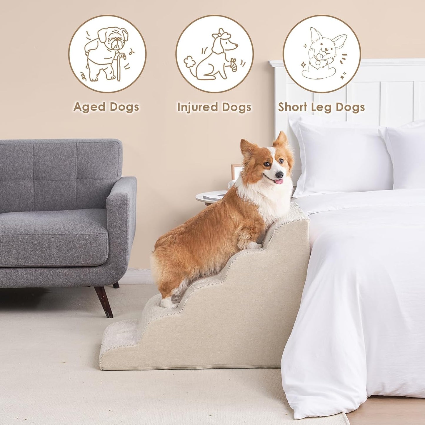 EHEYCIGA Curved Dog Stairs Ramp for High Beds, 5-Step Extra Wide Dog Steps for Small Dogs and Cats, Pet Stairs for High Bed Climbing, Non-Slip Balanced Pet Step Indoor, Beige