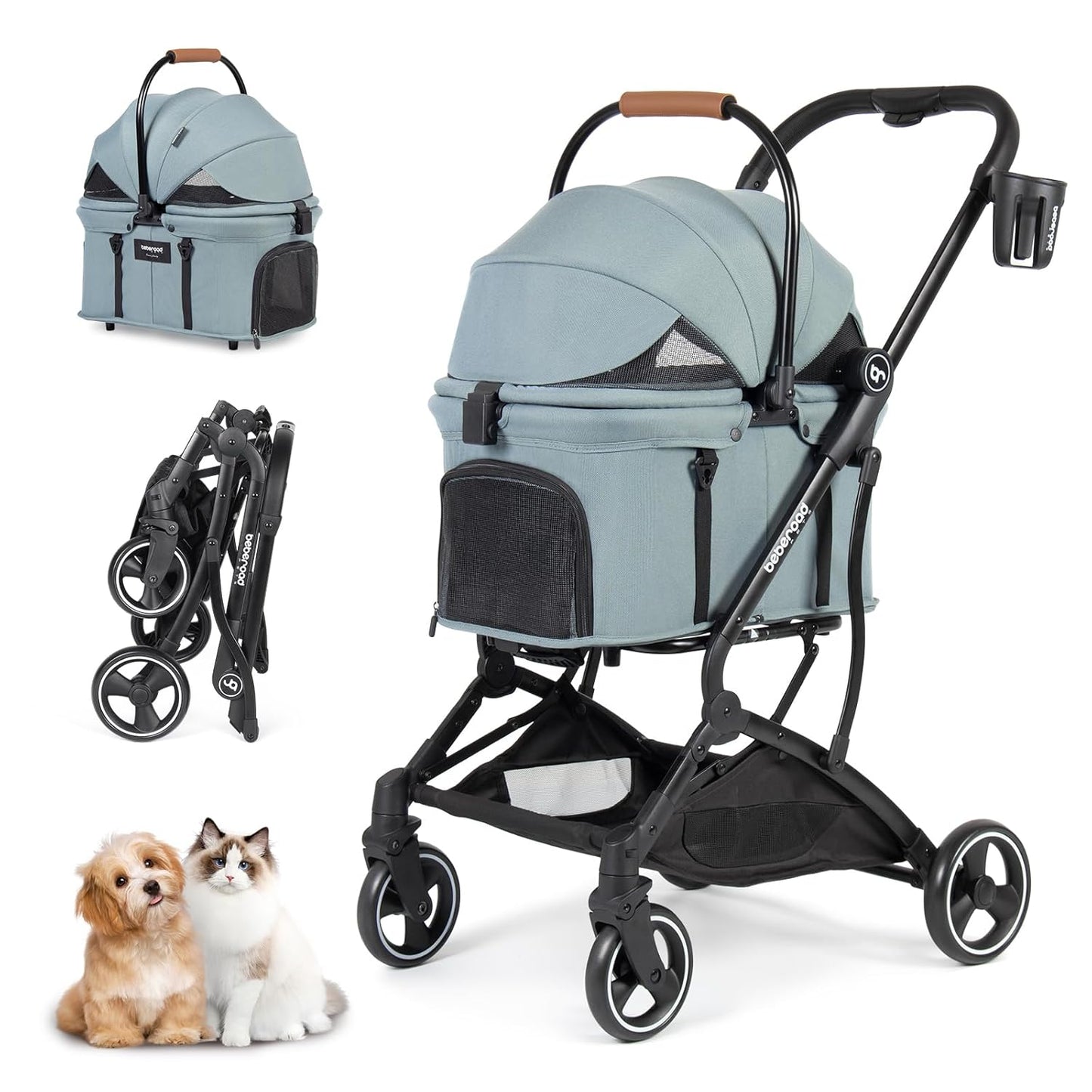 T3 3-in-1 Small Pet Stroller for Dog & Cats, 4 Wheels with Detachable Carrier with Pad, Canopy and Cup Holder (Green)