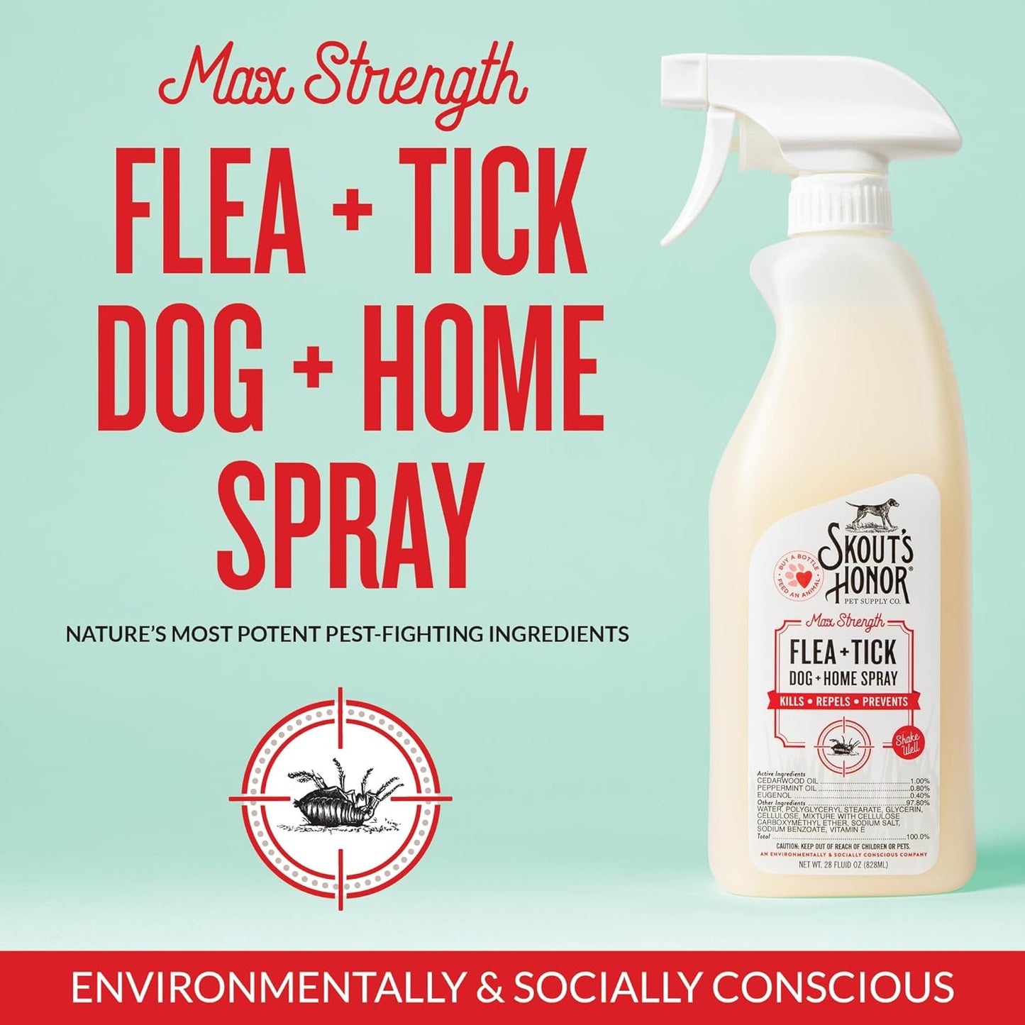 Skout's Honor Flea and Tick Dog & Home Spray - Natural Peppermint & Cedarwood Formula, Helps to Protect from Fleas, Ticks, and Mosquitos, 28 oz