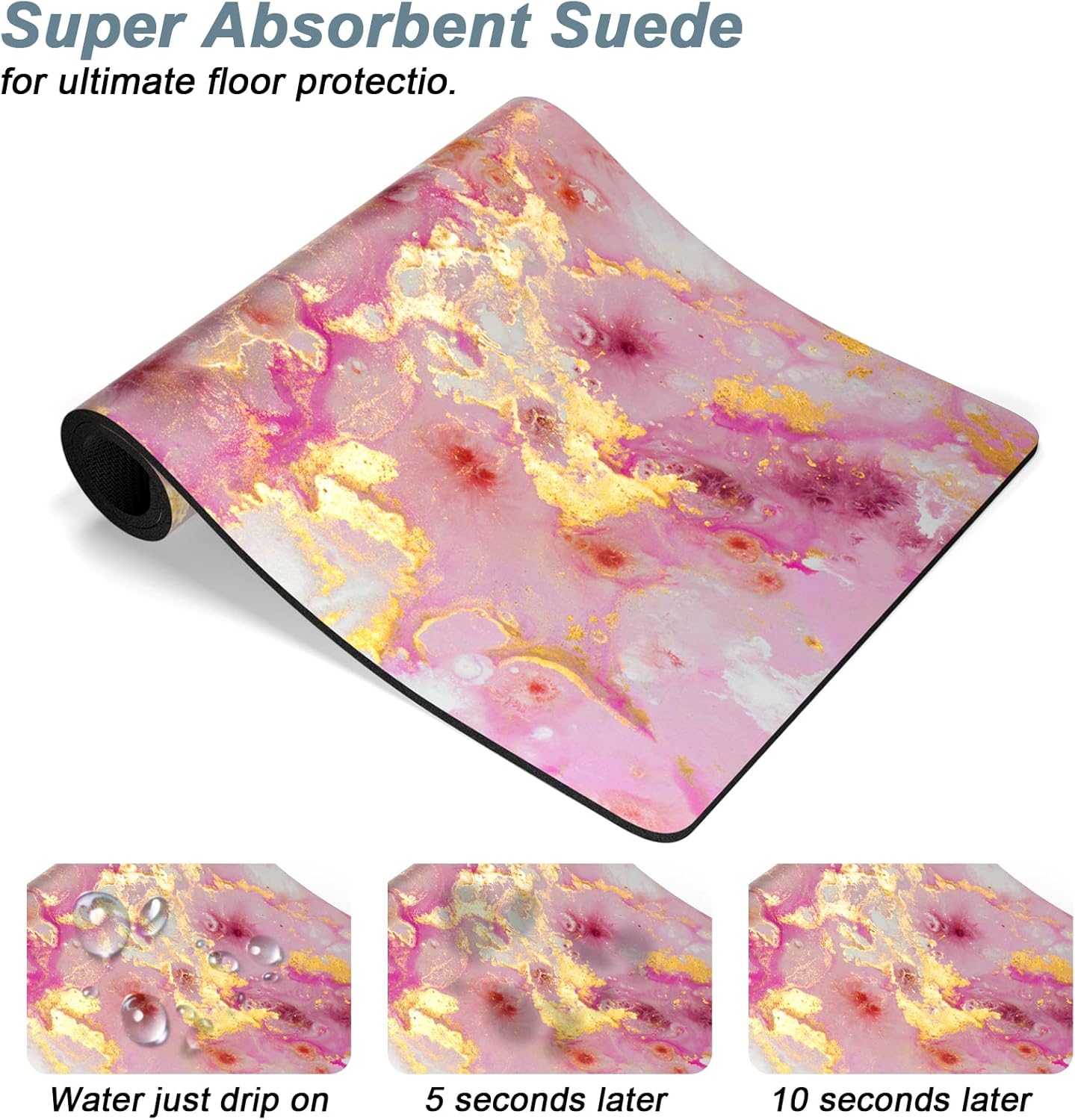 Rnivvi Dog Food Mat, 12" x 19" Absorbent Dog Cat Bowl Mat for Food and Water, Cute Anti-Slip Rubber Pet Feeding Rug Protect Floors, Puppy Placemat for Feeding & Watering Supplies, Pink Gold