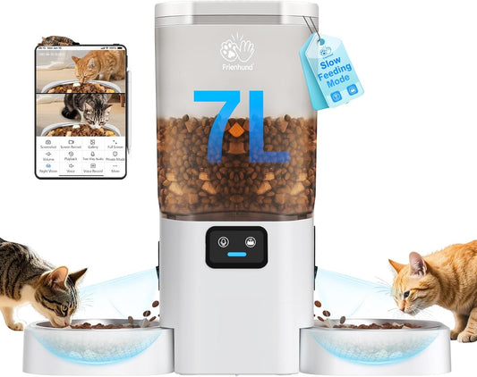 Automatic Cat Feeder with Two HD Camera for 2 Cats: 5G WiFi Automatic Dog Feeder with Night Vision & Slow Feed, 7L Auto Cat Food Dispenser for Multiple Pet, Detachable for Cleaning - 29 Cup
