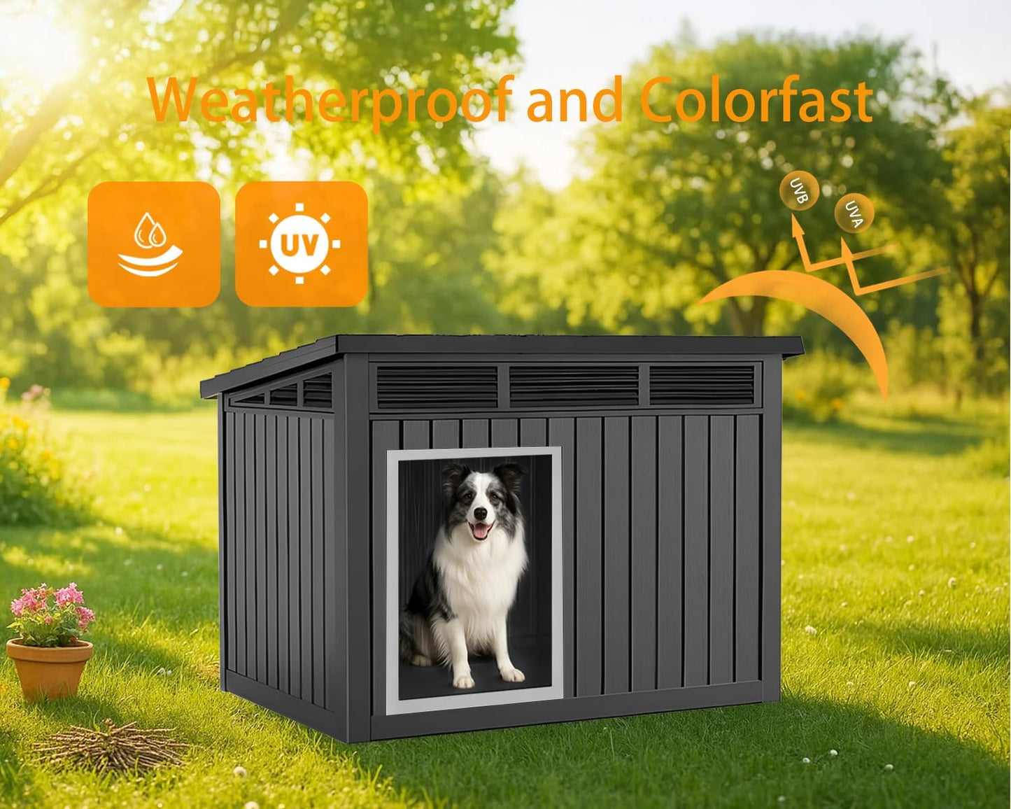 VIXZEN Dog House Indoor Outdoor,Waterproof Dog House for Small to Large Dogs,Doghouse with Air Vents and Elevated Floor,Openable at The Top,Easy to Assemble and Clean,Black,42.87"×32.95"×31.61"