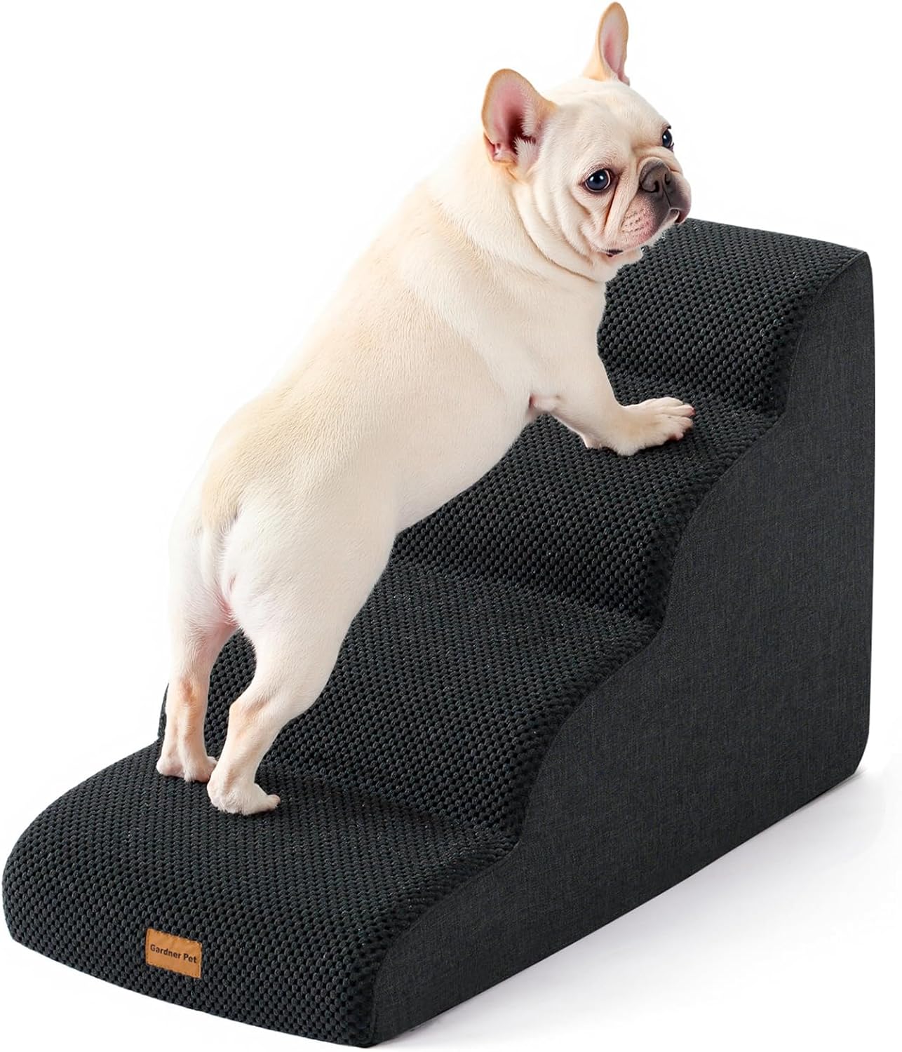 Gardner Pet Dog Stairs for Small Dogs 19.7" H, 4-Step Black Curved Pet Stairs, Dog Steps for High Bed (18-24 in), Couch with Durable Non-Slip Waterproof Fabric Cover and CertiPUR-US Certified Foam