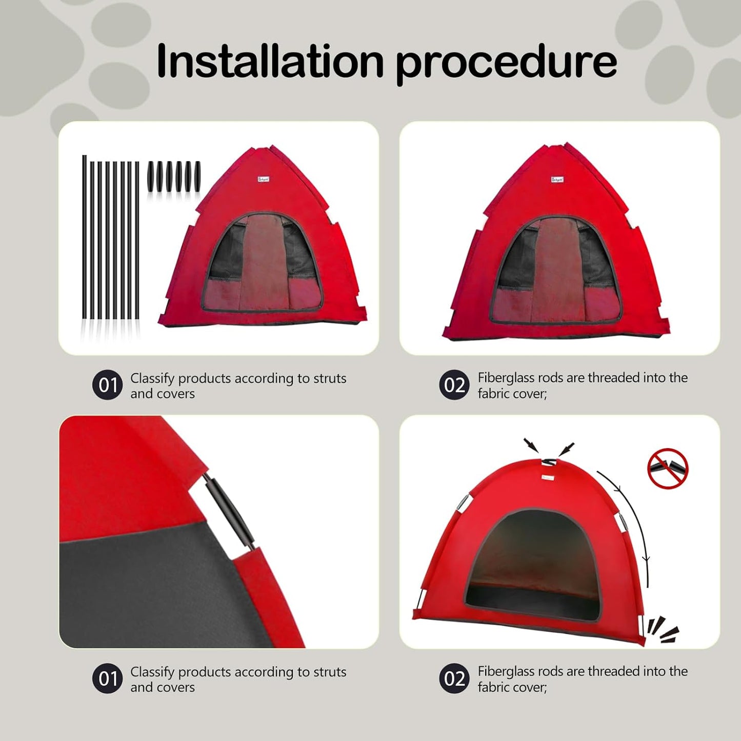 Red, Large Cat & Dog Waterproof Tent House - Washable Indoor/Outdoor Bed, Cave Nest for Small Pets