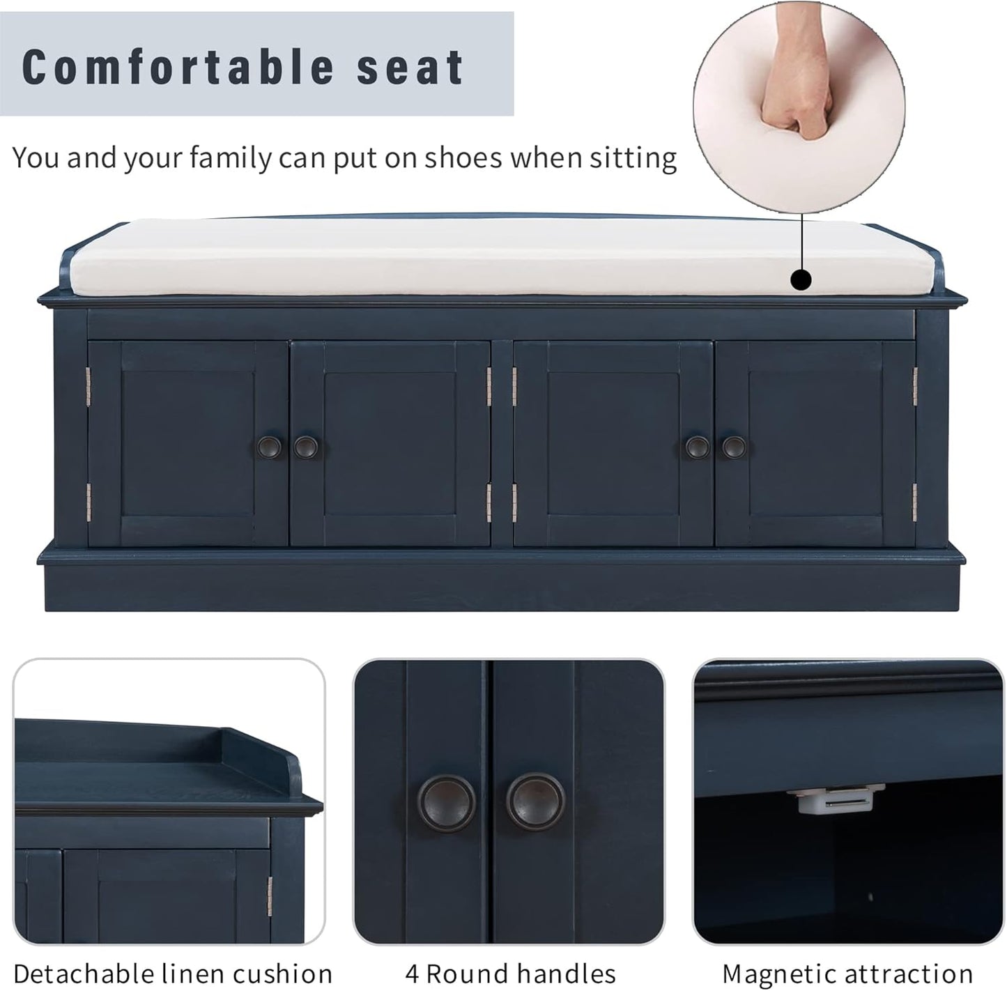 Storage Bench with 4 Doors and Adjustable Shelves, Shoe Bench with Removable Cushion for Living Room, Entryway 42.7" L x 16" W x 17.4" H (Antique Navy)