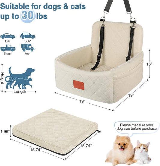 Dog Car Seat for Under 30lbs Dogs,Comfy Febric Fill in Memory Foam,Washable and Detachable Pet Travel Car Bed,Anti-Slip Bottom,2 Safety Leashes & Storage Pockets(Beige)