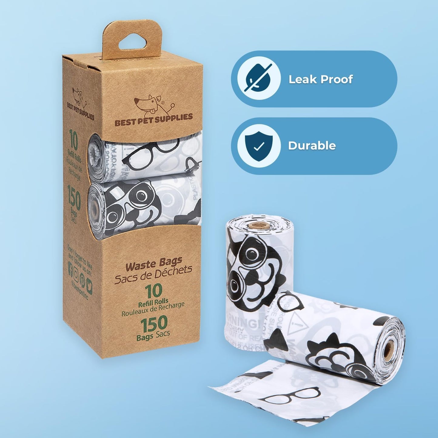 Best Pet Supplies Dog Poop Bags (150 Bags) for Waste Refuse Cleanup, Doggy Roll Replacements for Outdoor Puppy Walking and Travel, Leak Proof and Tear Resistant, Thick Plastic - White