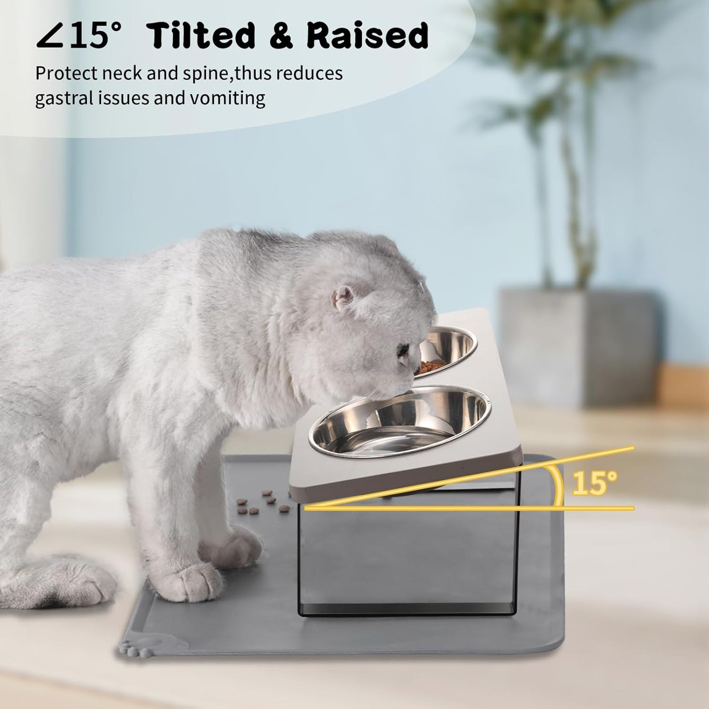 Upgraded Elevated Cat Bowls with Food Mat,15°Tilted Stand Anti Vomiting Raised Cat Dishes for Food and Water,2 Stainless Steel Bowls for Cats and Puppy（Gray）