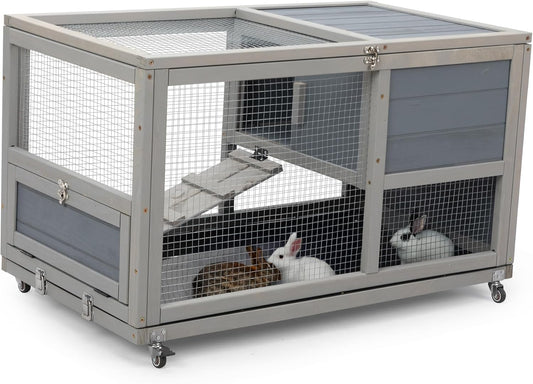 COZIWOW Wooden 36Inches Rabbit Hutch Outdoor with Wheels Bunny Cage Indoor Rabbit Cage with Clean Tray, Openable Roof, Anti-Slip Ramp for Small Bunny (Grey with Pattern)
