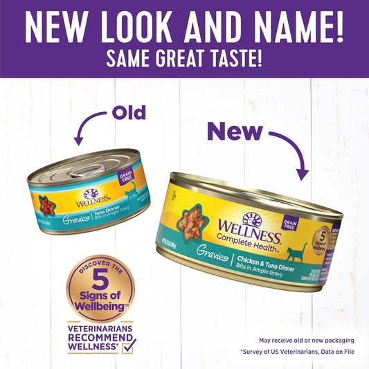 Wellness Complete Health Gravy Adult Wet Cat Food, Natural, Protein-Rich, Grain Free, 5.5 Ounce, 12 Pack, (Chicken & Tuna Dinner)