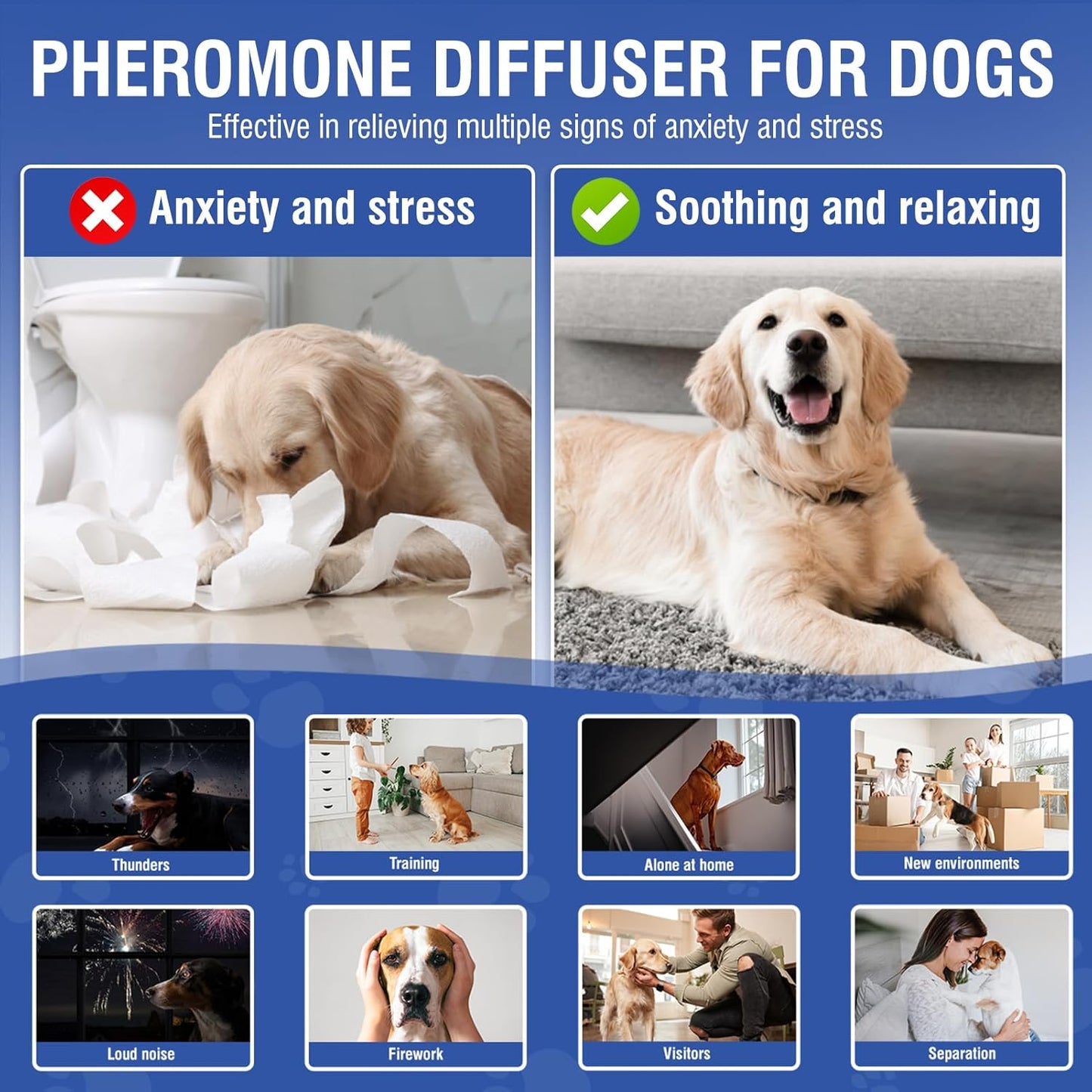 Dog Pheromone Calming Diffuser 4 In 1 Appeasing Pet Pheromones Diffuser to Calm Kit (Plug in+ 3 Pack 48ml Refill) for Anxiety Relief Reduce Barking Aggression Fighting Stress 90 Day Supply(Tasteless)