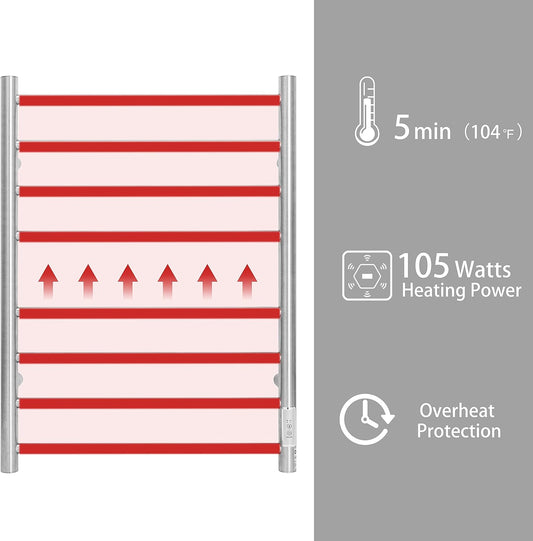 KEG Towel Warmer Wall Mounted with Built-in Timer 8 Bars Electric Stainless Steel Heated Towel Racks for Bathroom, Hot Plug-in Bath Towel Heater Brushed Nickel (TW-8-BN)