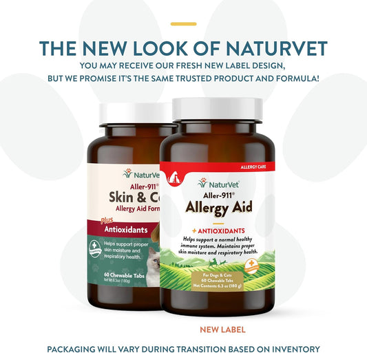 NaturVet Aller-911 Advanced Allergy Aid for Dogs, Cats – Antioxidant-Rich Pet Supplement with Omegas, DHA, EPA – Helps Support Dog Immune System, Cat Respiratory Health, Skin Moisture 60 Ct.