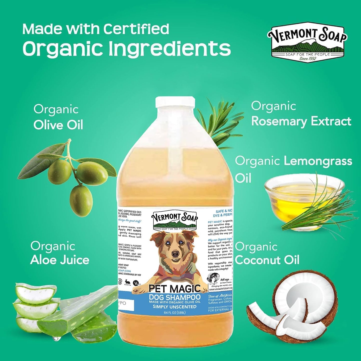 VERMONT SOAP Organics Pet Shampoo - Infused with Organic & Natural Olive Oil, Coconut & Aloe Vera Dog Shampoo for Sensitive Skin - USDA Certified Grooming, Unscented (64oz)