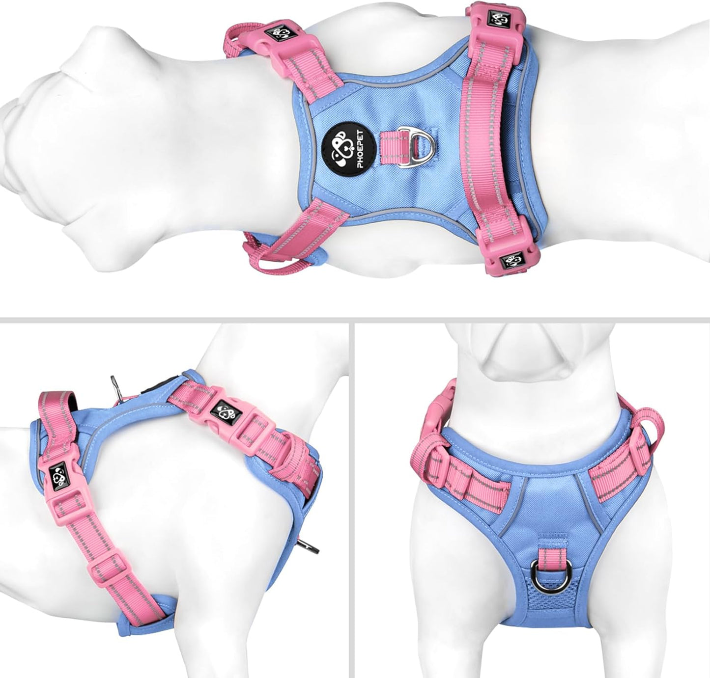 PHOEPET No Pull Dog Harness, Unique Colors Reflective Adjustable Dog Vest, with Soft Training Handle Metal Clips for Small Medium Large Dogs (Baby Blue Base & Pink Straps,M)