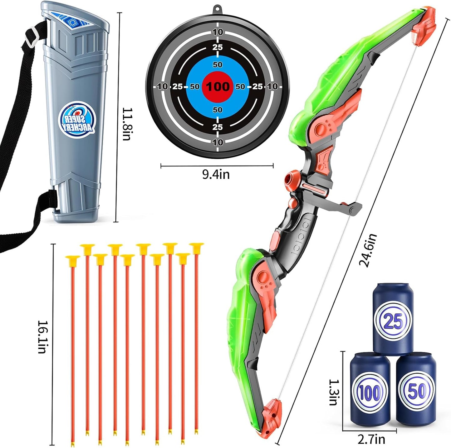TEMI Bow and Arrow Set for Kids - Archery Toy Set - LED Light Up with Suction Cup Arrows, Target & Quiver, Indoor and Outdoor Toys for Children Boys Girls