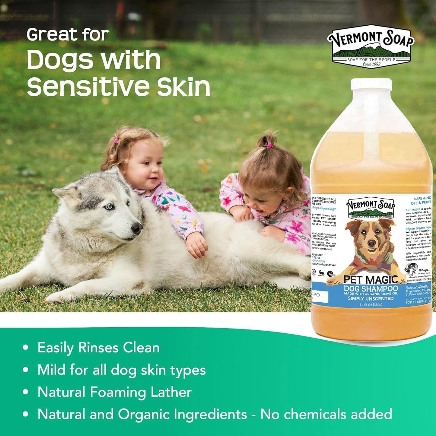 VERMONT SOAP Organics Pet Shampoo - Infused with Organic & Natural Olive Oil, Coconut & Aloe Vera Dog Shampoo for Sensitive Skin - USDA Certified Grooming, Unscented (64oz)