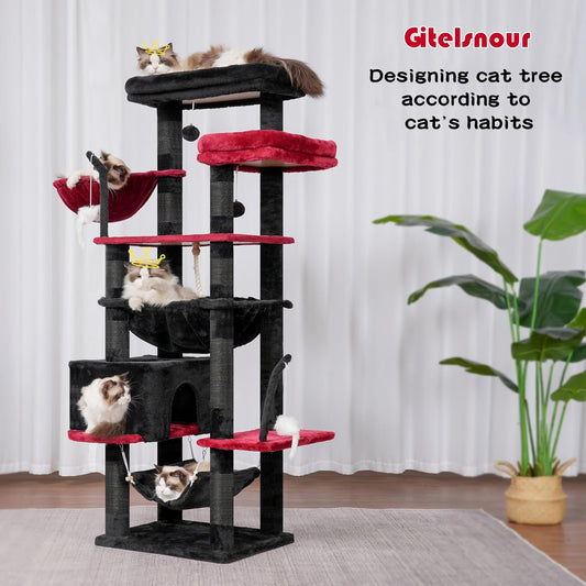Gothic Cat Tree, Cat Tower for Large Cats with 2 Big Platforms, 2 Baskets, condo and Toys, 63" Cat Scratching Posts for Indoor Cats, Black and red GCT020BR