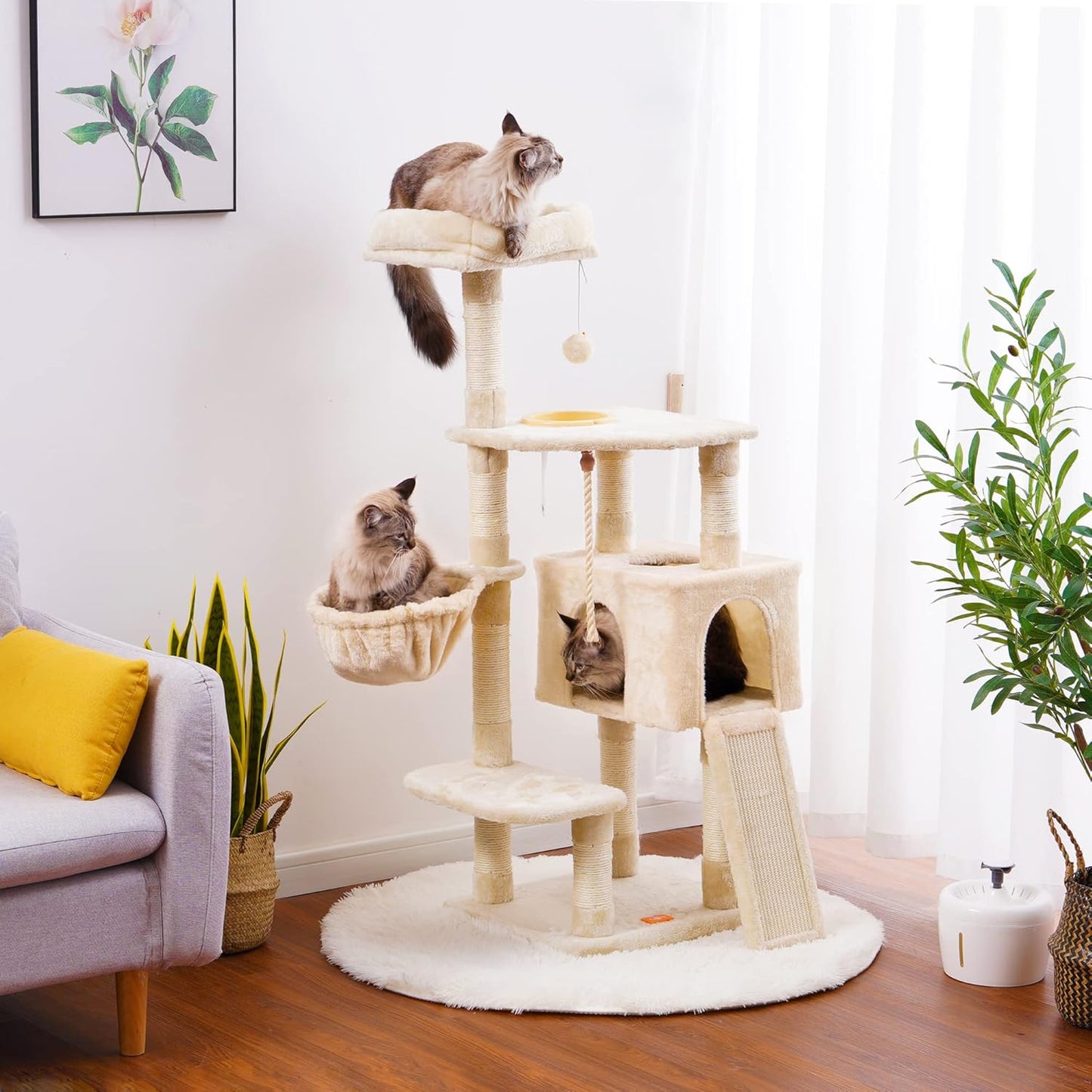 Heybly Cat Tree, Cat Tower for Indoor Cats with Scratching Board, Multi-Level Cat Furniture Condo with Feeding Bowl, Beige HCT010M