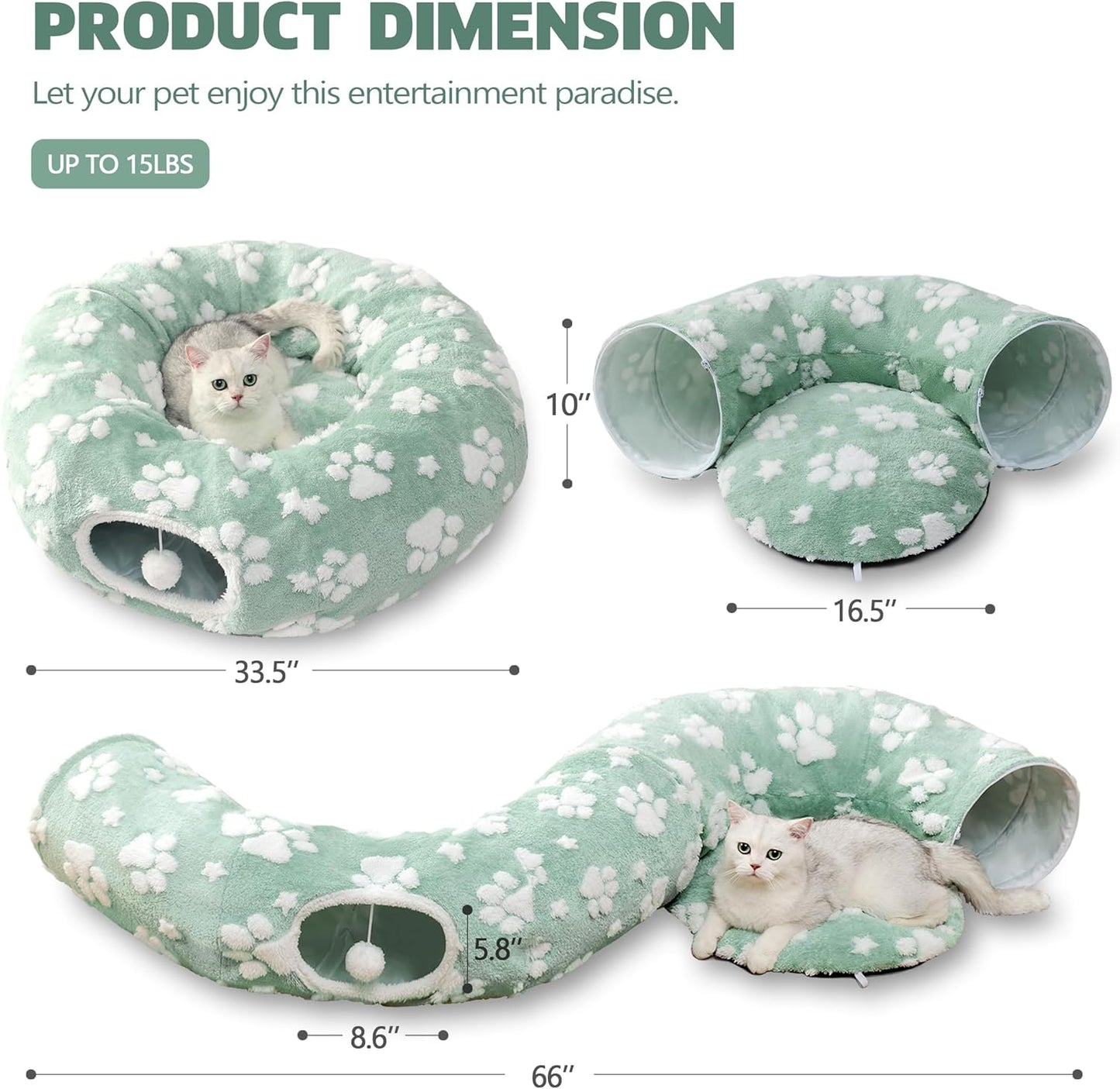 Cat Tunnel for Indoor Cats, Cute Peekaboo Cave with Dangling Balls, Pet Donut Tunnel Bed with Circle Mat for Puppy Kitten Rabbit, Green