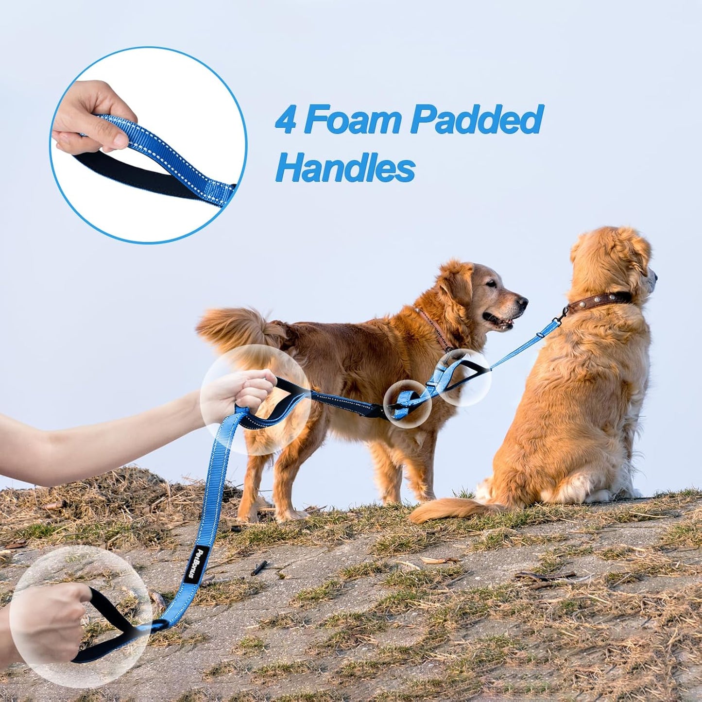 PetBonus Double Dog Leash, No Tangle Dual Leash, Reflective Walking Training Lead, 4 Comfortable Padded Handles for 2 Dogs with Collapsible Bowl and Waste Bags (Light Blue, Large)