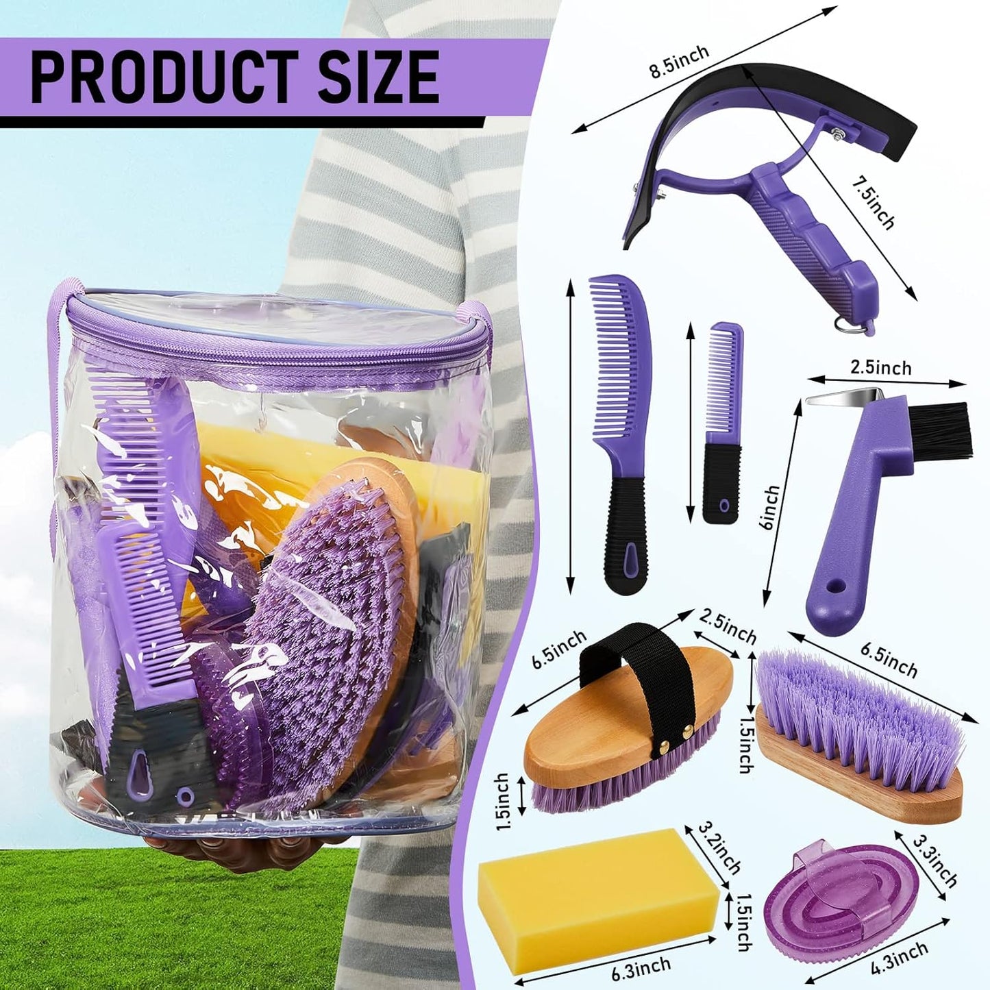 9 Pieces Horse Grooming Kit Tack Room Supplies Set with Organizer Tote Bag, Oval Massage Curry, Hard and Soft Brush, Hoof Pick, Sweat Scraper, Bathing Sponge, Combs for Horse Riders Beginners (Purple)