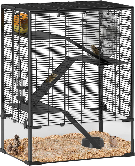 PawHut Large Hamster Cage with Deep Tempered Glass Bottom, 4 Tiers Hamster Tank with Running Wheel, Hut, Water Bottle, Dish, Rat Cage for Syrian, Dwarf, Gerbils, Mouse, 24" x 16" x 31.5", Black