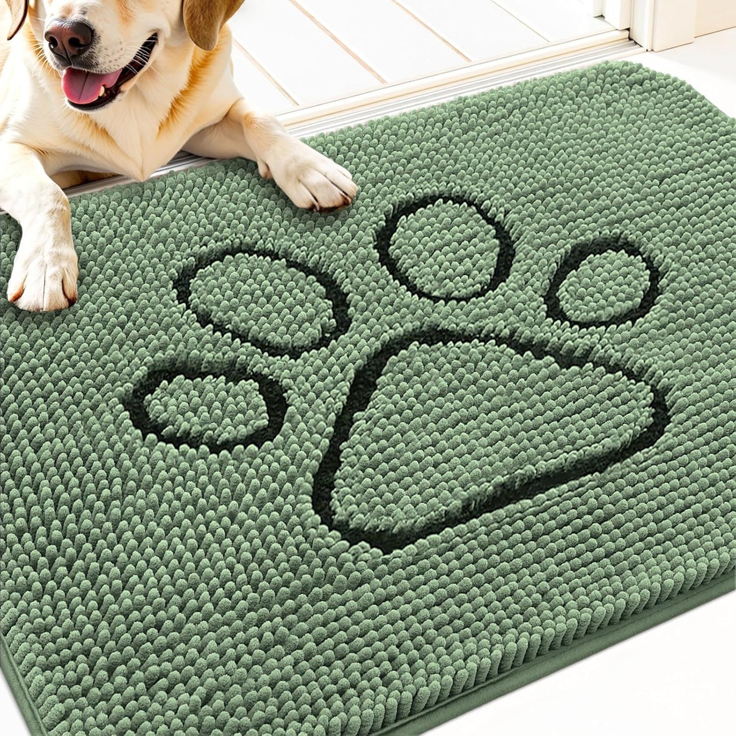 OLANLY Door Mat for Muddy Dog Paws 30x20, Absorbent Chenille Doormat with Paw Print Design, Non-Slip Washable Doormat for Indoor Entryway, Quick-Dry Pet Bed Mats for Dirty Dogs, Olive Green and Black
