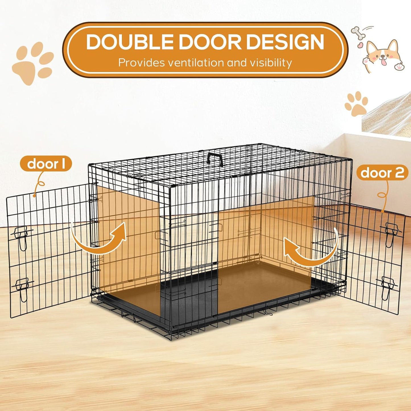 Dog Crate, 36 Inch Medium Wire Kennel with Divider Panel, Metal Cages with Double Door, Leak-Proof Pan Tray, Folding Portable for Indoor Outdoor Travel