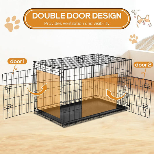 Dog Crate, 36 Inch Medium Wire Kennel with Divider Panel, Metal Cages with Double Door, Leak-Proof Pan Tray, Folding Portable for Indoor Outdoor Travel