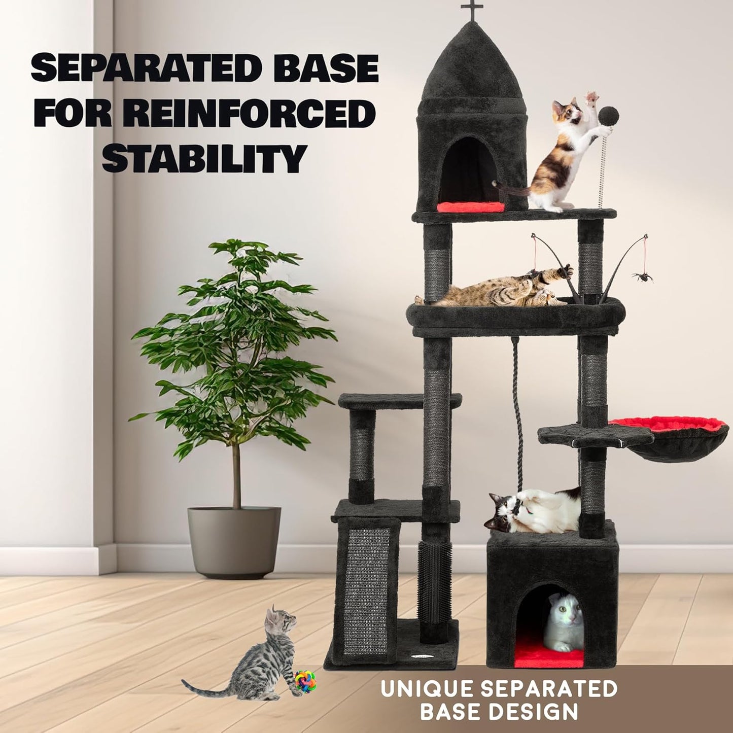 Large Cat Tree Tower for Large Cats, Cat Scratching Post, Self Grooming Post, Interactive Cat Toys, Oversized Perch and Basket, Heavy Duty 72", Black and Red