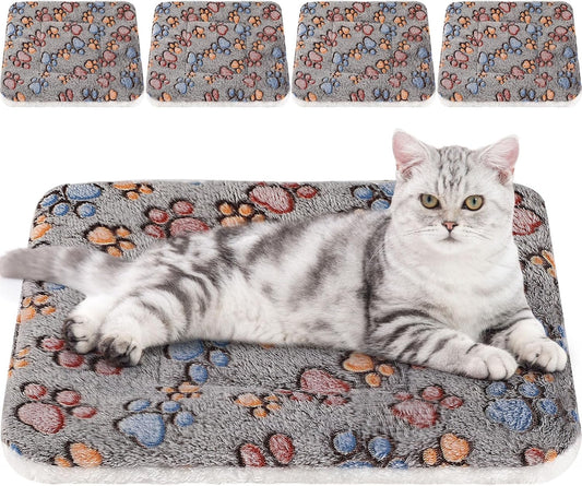 4 Pack Ultra Soft Dog Cat Bed Mat with Cute Prints Reversible Fleece Dog Crate Kennel Pad Cozy Washable Thickened Hamster Guinea Pig Pet Bed Mat for Small Animals(21 x 14 Inches,Gray)