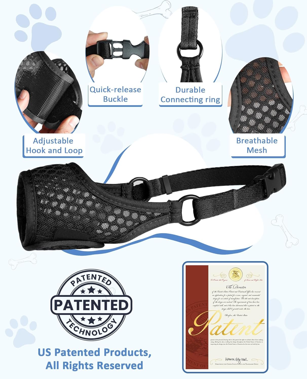 LUCKYPAW Dog Muzzle, Soft Muzzles for Large Medium Small Dogs to Prevent Biting Chewing with Ring and Adjustable Strap for Vet Visit Training (Black, XS)