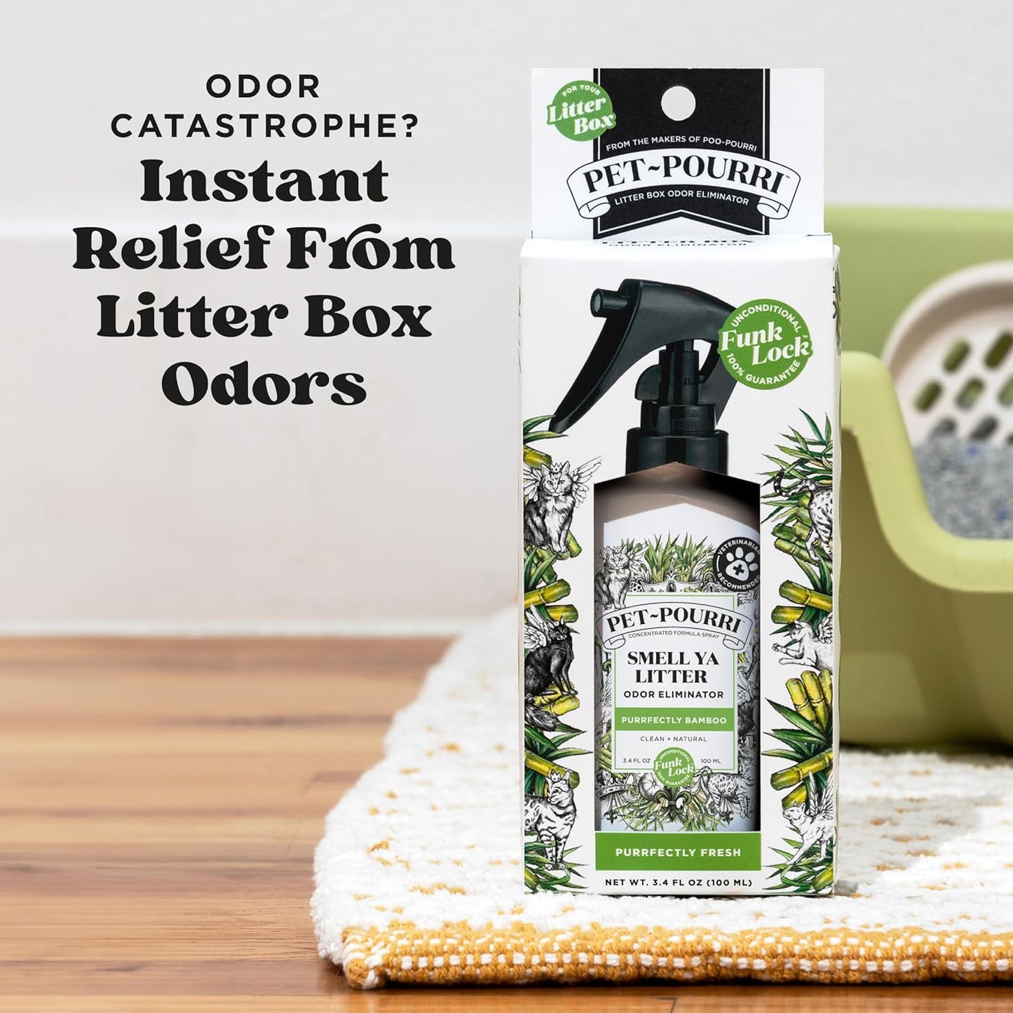 Pet-Pourri Smell Ya Litter Cat Litter Deodorizer Spray, 3.4 Fl Oz, Up to 170 Uses, Pet Odor Remover with Essential Oils for Air, Carpet, Urine, Vet Recommended, Bergamot Bamboo Scent