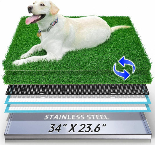 Dog Grass Pad with Tray with Stainless Steel，Reusable Large Artificial Turf Grass Potty and Puppy Pee Pads for Dogs, Portable Dog Litter Box for Indoor/Outdoor Potty Training Toilet