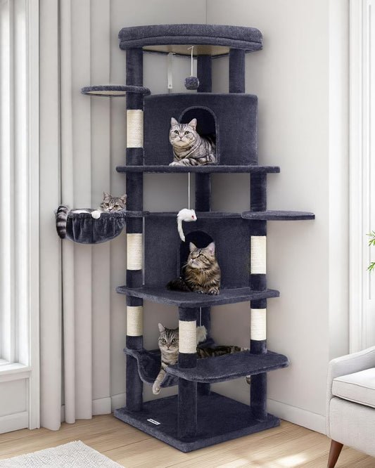 Globlazer Corner Cat Tree for Large Cats, 66inch Tall Curved Series Large Cat Tower for Multiple Indoor Cats with 6 Scratching Posts, 2 Spacious Cat Condos, Hammock, Hanging Basket, C66, Dark Grey