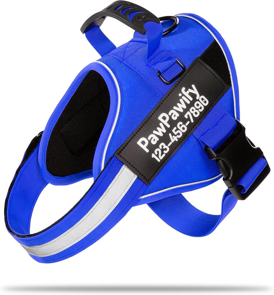 PawPawify Custom No Pull Dog Harness with Name and Phone Number, Heavy Duty Personalized Pet Vest to Prevent Tugging, Pulling, or Choking, Training and Walking (New Blue, L (40-60 LBS))