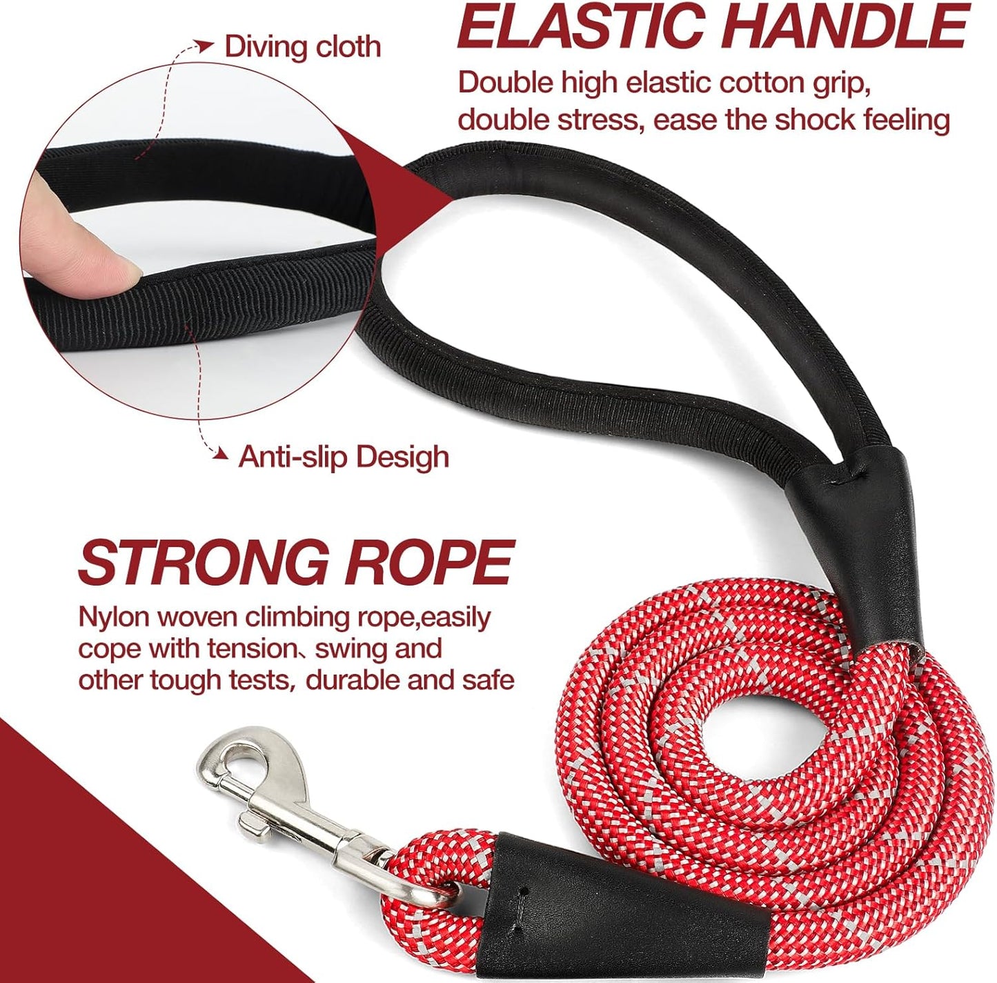 Red 4FT Dog Leash for Large Dogs Night Walking Reflective Heavy Duty Chew-Resistant Nylon Leash with Padded Handle and 360° Swivel Clip Strong for Medium to Large Breeds