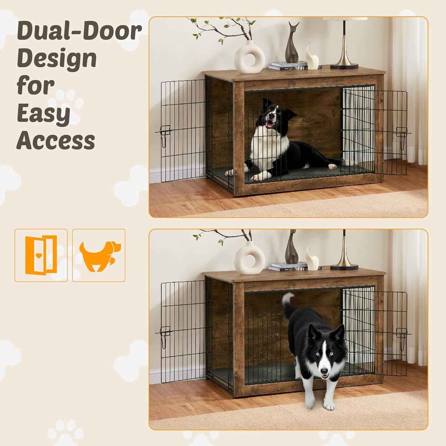 Dog Kennel Furniture, Wooden Dog Crate End Table with Dual Doors, Chew-Proof Design & Cushion, Heavy Duty Dog Crate, Decorative Pet Crate Dog Cage for Indoor (39 Inch)