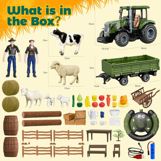 Remote Control Tractor with Trailer - Farm Toys Set Including Animals, Fruits, Vegetables, and Farmer Figures, Toddlers Farm Vehicle Toys for 3 4 5 6 7 8 9 Year Old Boys Girls Birthday Gifts