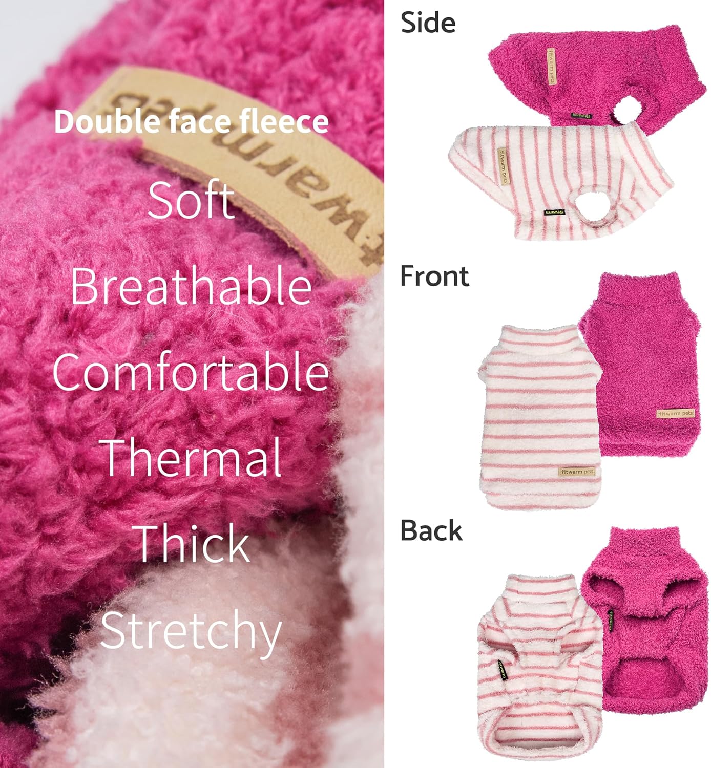 Fitwarm 2 Pack Striped Fleece Dog Sweater, Warm Winter Dog Clothes for Small Dogs Girl, Fuzzy Turtleneck Pet Outfit, Doggy Pullover Jumper, Rose Pink, White, Light Pink, XL