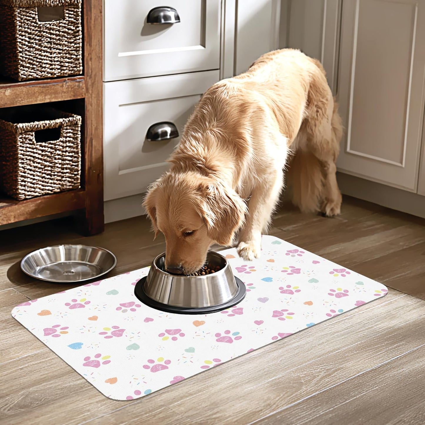 Pink Dog Paw Pet Feeding Mat for Floors-Absorbent Dog Bowl Mat for Food and Water, Quick Dry Pet Cat Feeding Mats with Non Slip Bottom, Mess-Free Dog Accessories 12"x20"
